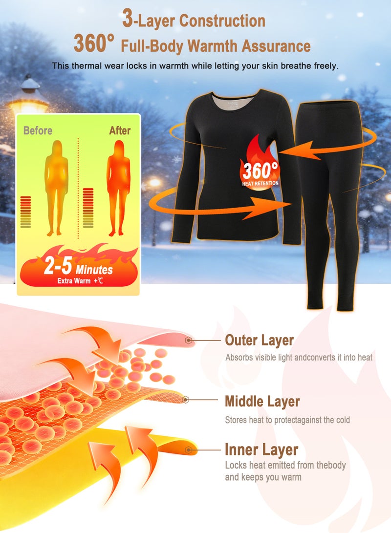 Necomi Women's Thermal Underwear Set, Fleece Lined Base Layer Pajamas for Cold Weather, Warm Winter Long Johns with Top & Bottom, Moisture-Wicking Thermal Wear for Skiing/Hiking/Camping - Image 2