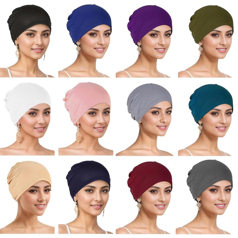 Cmonie 12 Pieces Solid Women Chemo Hat Stretchy Turban Beanie,Pre Tied Chemo Head Scarf Beanie Skull Cover Cap for Women Hair Loss (US, Alpha, One Size, Large, Multi-12Pcs-Modal-A) - Image 1