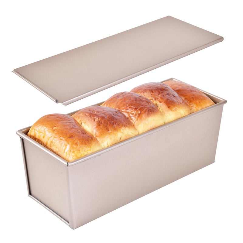 Bakeley Commercial Pullman Loaf Pan with Lid, 2.2Lb Dough Capacity Non-stick Rectangle Flat Toast Box for Oven Baking 13.6"Ã—5.4"Ã—4.7"(Champagne Gold) - Image 1