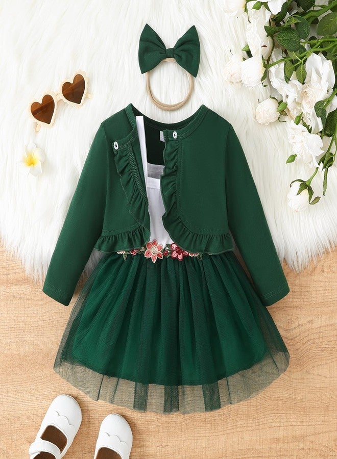 Twosya Baby Girls' Dress & Cardigan 2 Piece Fall Outfits Long Sleeve Bolero Shrug and Tulle Dresses Set Dark Green - Image 2