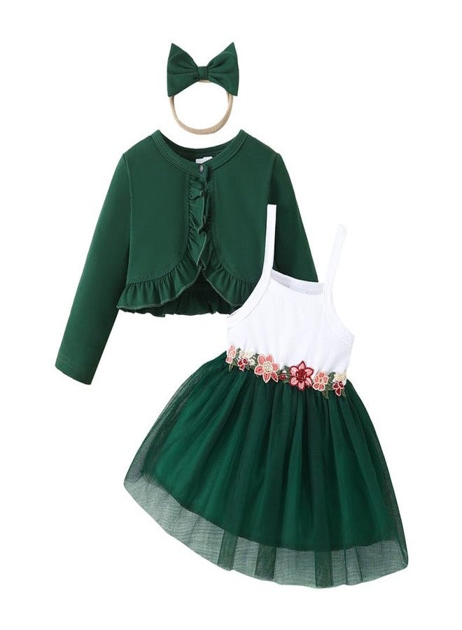 Twosya Baby Girls' Dress & Cardigan 2 Piece Fall Outfits Long Sleeve Bolero Shrug and Tulle Dresses Set Dark Green - Image 1