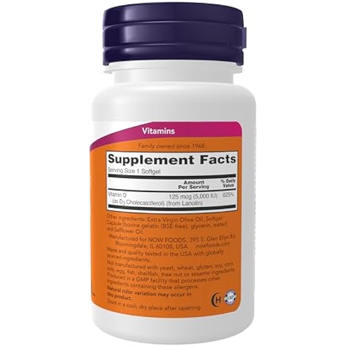 now Supplements, Vitamin D-3 5,000 IU, High Potency, Structural Support*, 240 Softgels - Image 2