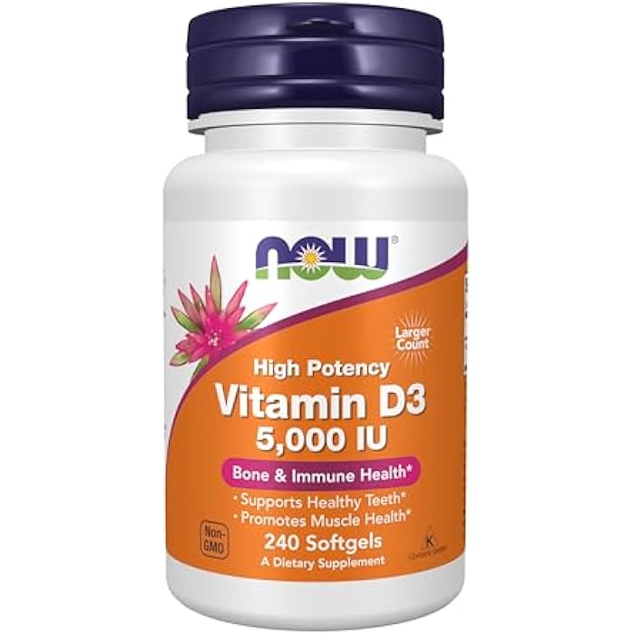 now Supplements, Vitamin D-3 5,000 IU, High Potency, Structural Support*, 240 Softgels - Image 1
