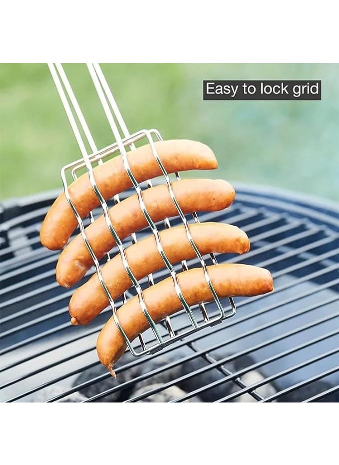 Kruvad Kruvad Hot Dog Basket Grill Rack Mesh Clips Barbecue Hot Dog Tools For Outdoor Camping Vegetables Steak Grilling Basket Stainless Steel With Wooden Handle Grill Rack 45x9x2 CM  - Image 2