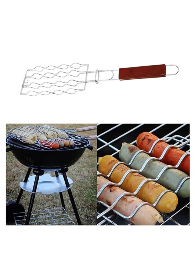 Kruvad Kruvad Hot Dog Basket Grill Rack Mesh Clips Barbecue Hot Dog Tools For Outdoor Camping Vegetables Steak Grilling Basket Stainless Steel With Wooden Handle Grill Rack 45x9x2 CM  - Image 4