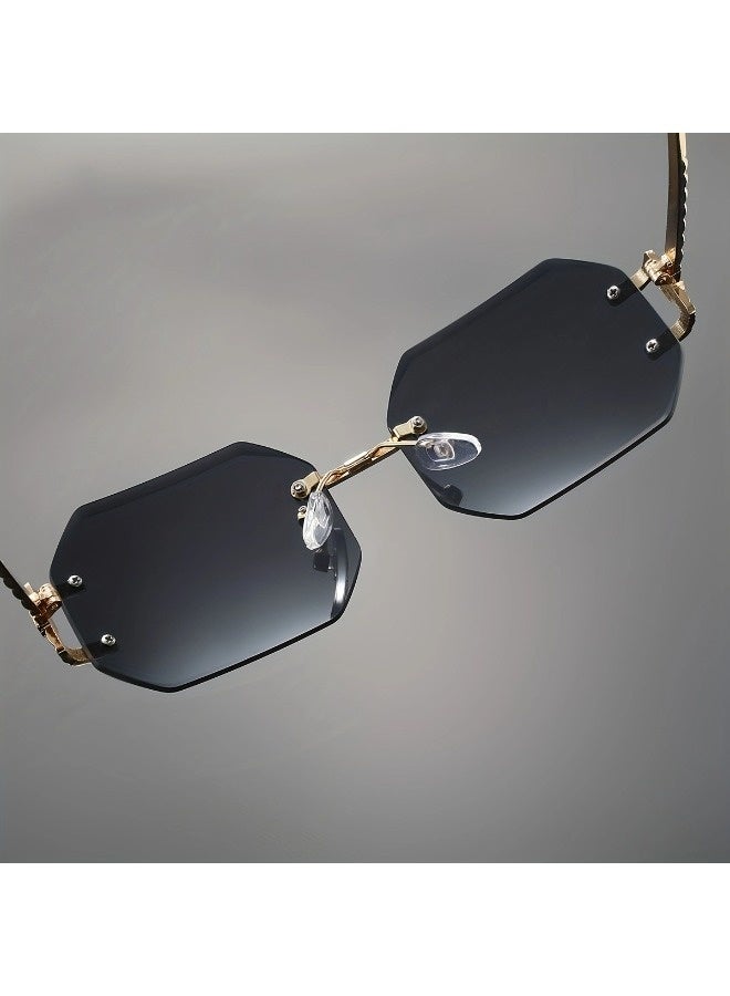 ShebSheb Classic Women's Rimless Sunglasses Golden Frameless Frame Square Diamond Cut Polygonal Lens UV400 Shades  - Image 2