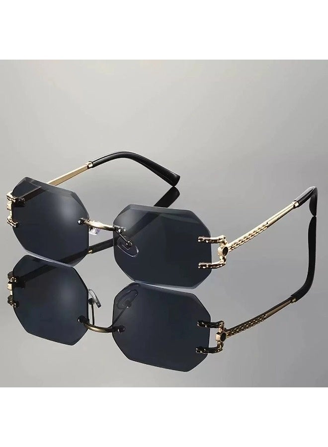 ShebSheb Classic Women's Rimless Sunglasses Golden Frameless Frame Square Diamond Cut Polygonal Lens UV400 Shades  - Image 4