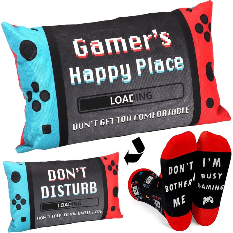 Busy Gaming Life Gamer Gifts for Teenage Boys  Easter Basket Stuffers for Teens  Gamer Dad Gifts  Gaming Gifts for Men Brother Uncle Boyfriends  A Pair of Gamer Socks + One Throw Pillow Covers - Image 1