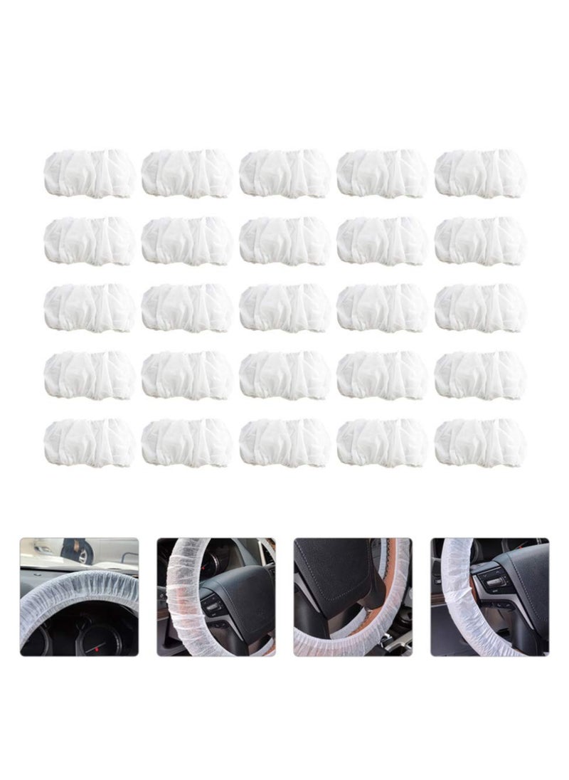 SYOSI 100 Pcs Disposable Plastic White Opaque Steering Wheel Cover Elastic Pull Handle Steering Wheel Protective Covers Universal for Cars Trucks  - Image 1