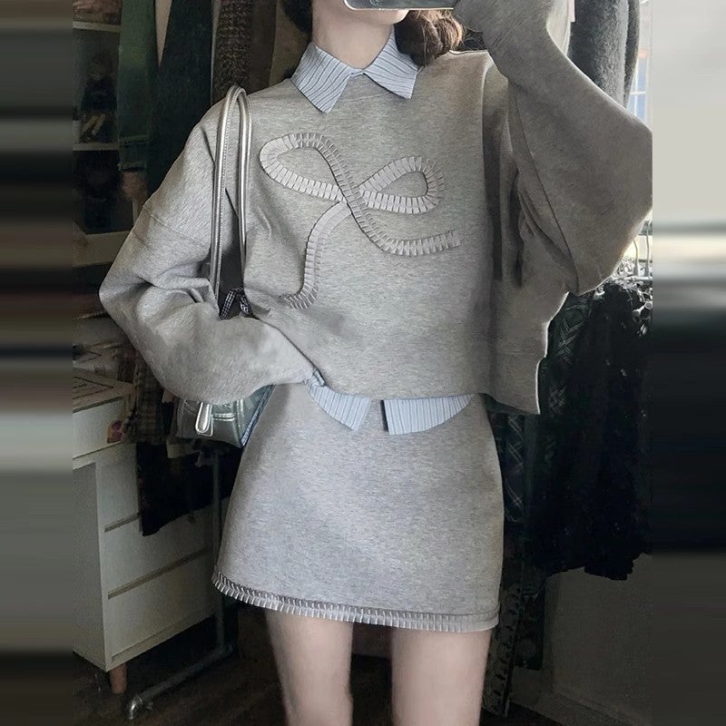[three-piece set] bow slim sweater womens autumn 2024 new skirt a set of leisure sports set Suit - Image 2