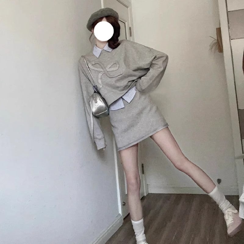 [three-piece set] bow slim sweater womens autumn 2024 new skirt a set of leisure sports set Suit - Image 4