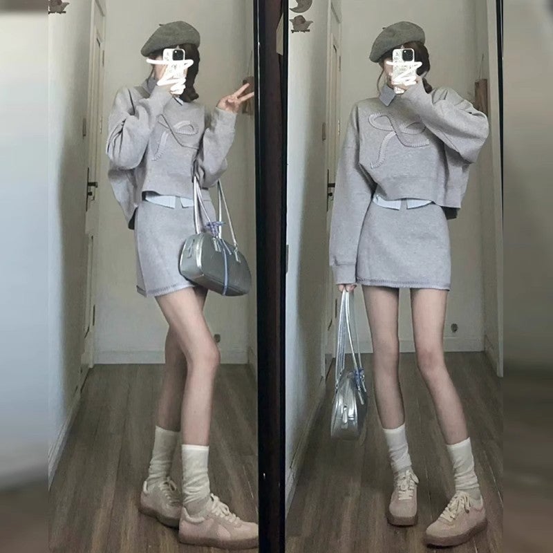 [three-piece set] bow slim sweater womens autumn 2024 new skirt a set of leisure sports set Suit - Image 3