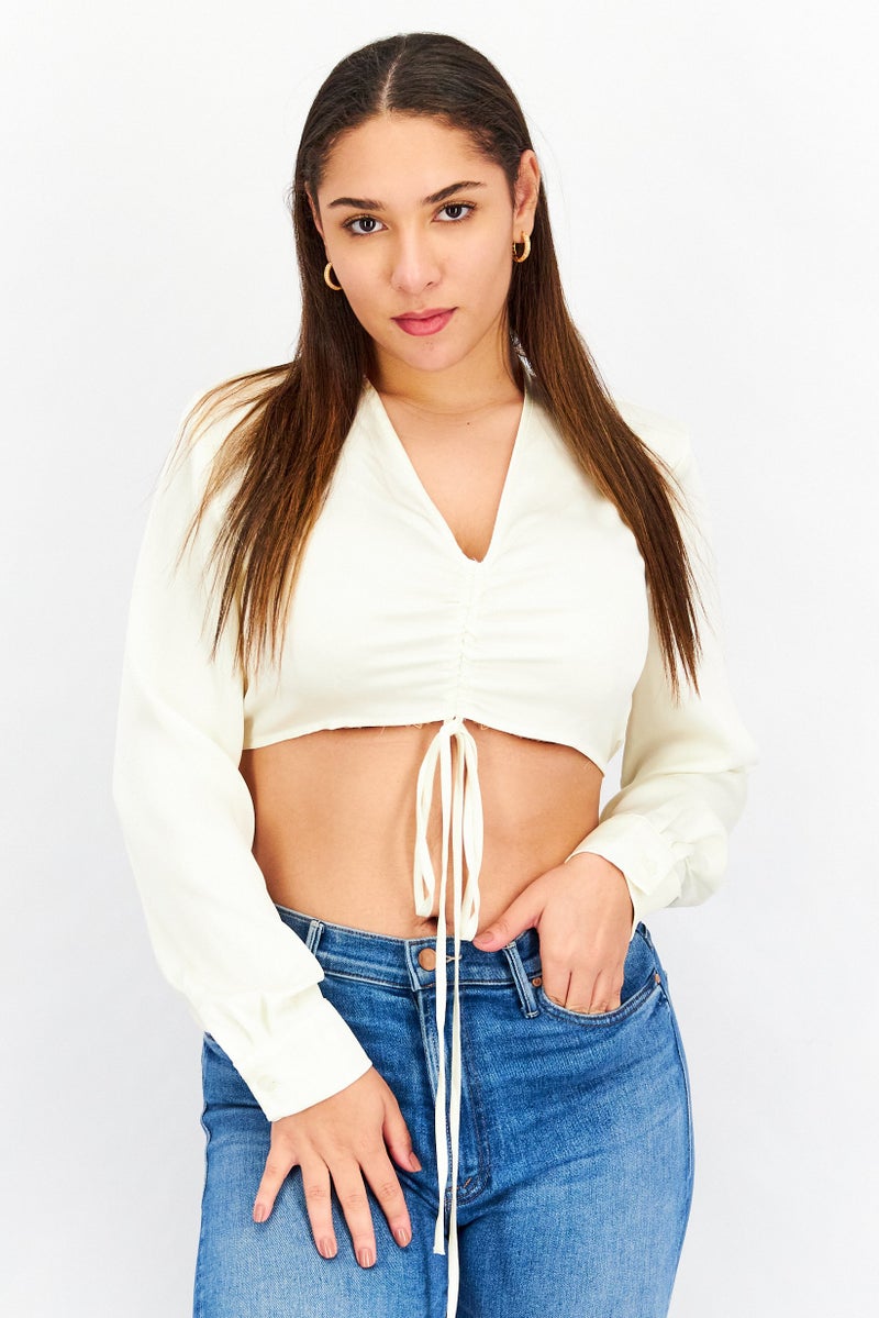 ARIA Women V Neck Long Sleeve Plain Crop Top, Cream - Image 1
