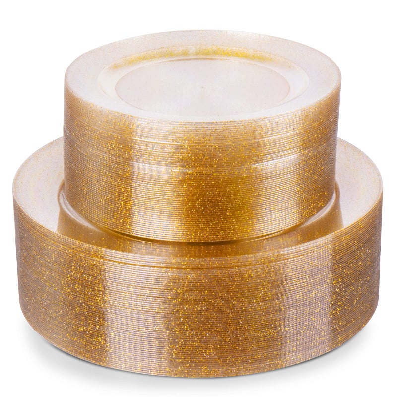Goodluck 120PCS Gold Plastic Plates Disposable Gold Glitter Plates Heavy Duty 60pcs 1025 Dinner Plates 60pcs 75 Disposable Dessert Plates Disposable Plates for Party Wedding