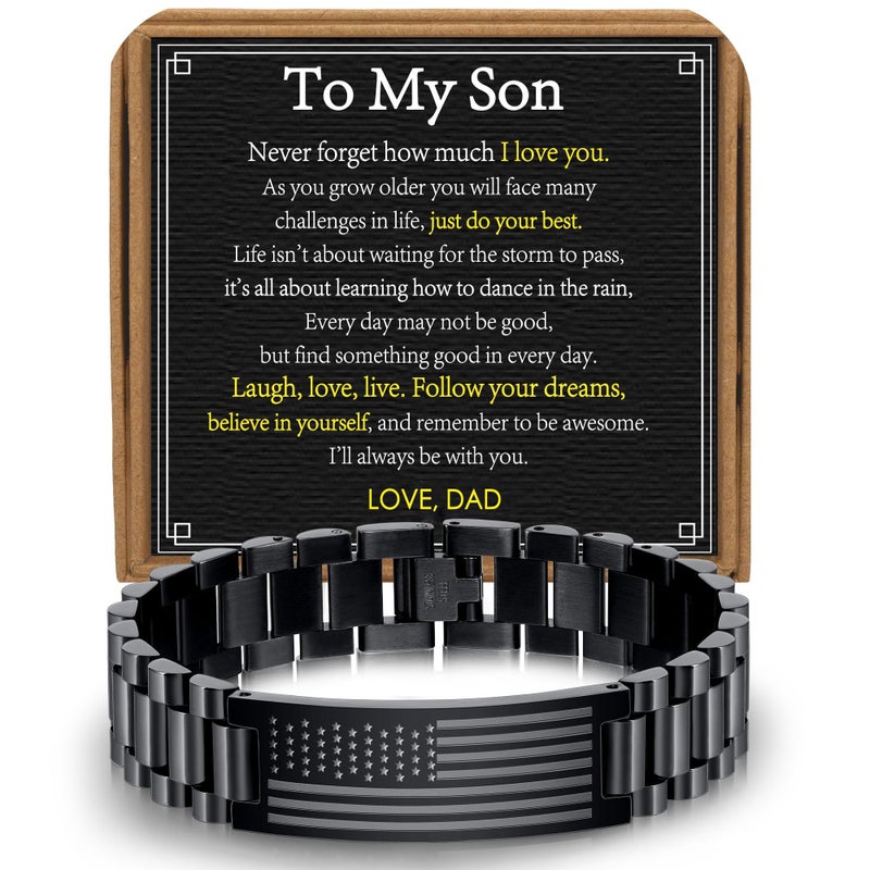 VULETO Valentines Gifts for Son from Dad, To My Son Adult Stainless Steel American Flag Watch Bracelet Birthday Jewelry Gifts Ideas Presents for Kids Teenage Teen Boys Him Unique - Image 1