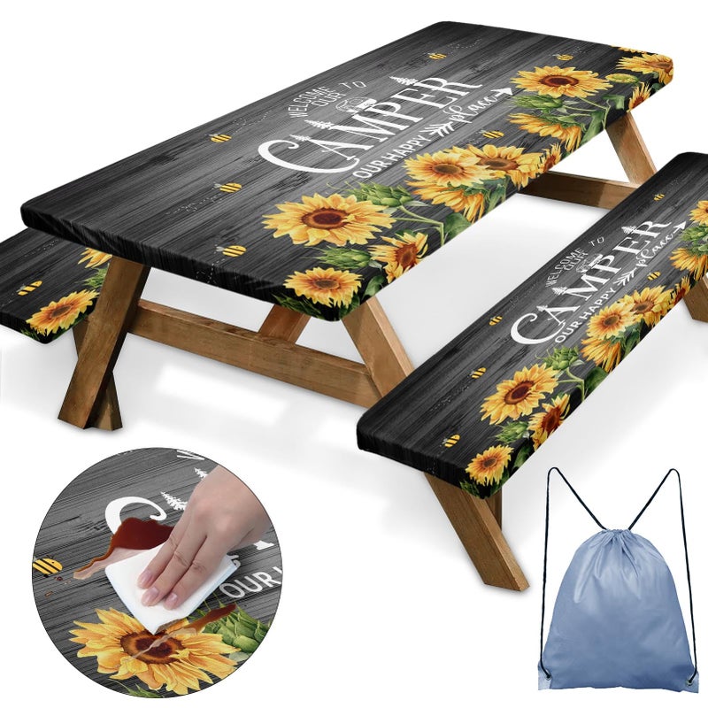 Nesphy Sunflower Picnic Table Cover with Bench Covers, Rustic Grey Wooden Summer Floral Farmhouse Outdoor Camping - Image 1