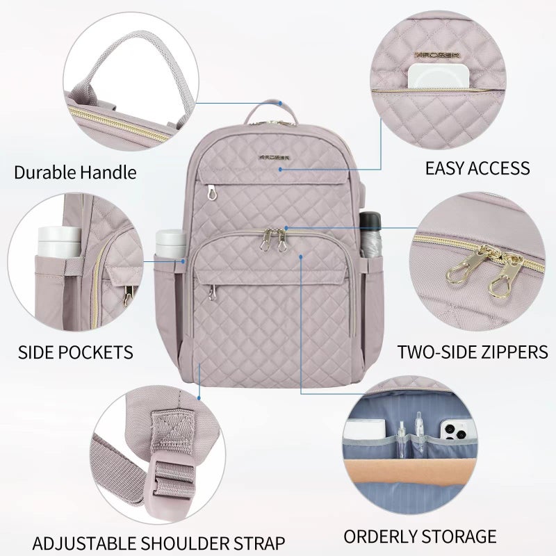 KROSER Laptop Backpack for Women 15.6 Inch Stylish Daypack with USB Charging Port, Water-repellent Nylon Backpack for Travel/Business, Dusty Pink - Image 3
