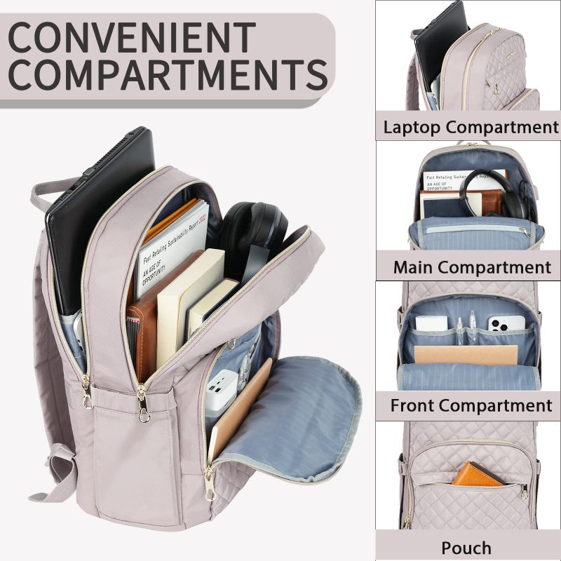 KROSER Laptop Backpack for Women 15.6 Inch Stylish Daypack with USB Charging Port, Water-repellent Nylon Backpack for Travel/Business, Dusty Pink - Image 2
