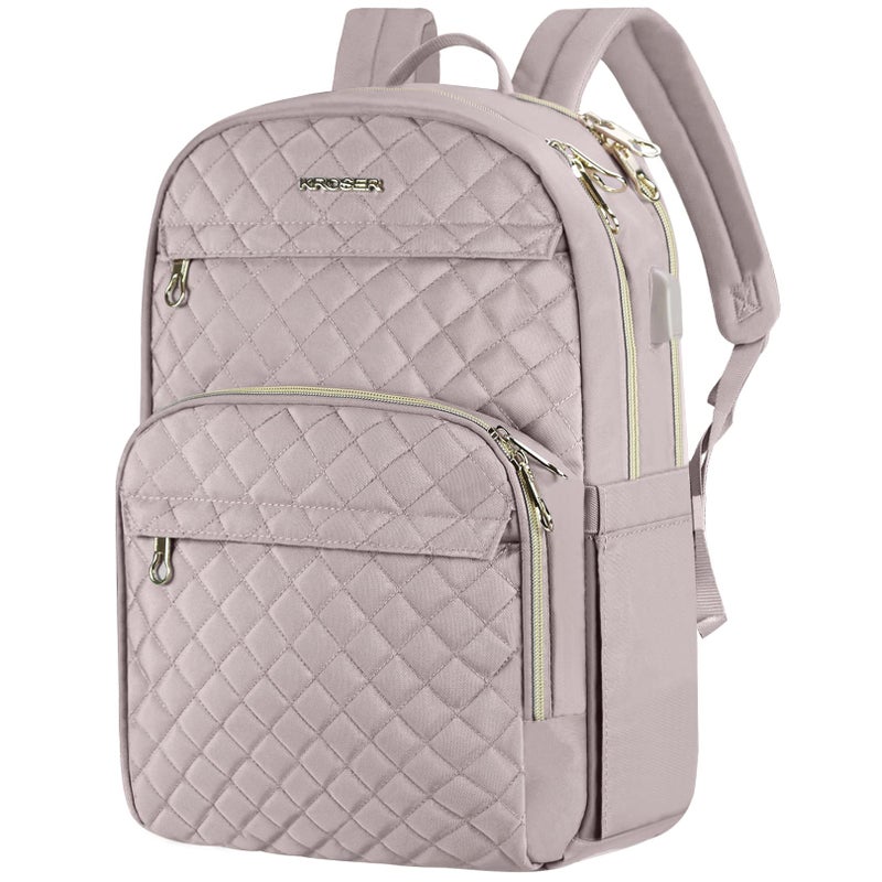 KROSER Laptop Backpack for Women 15.6 Inch Stylish Daypack with USB Charging Port, Water-repellent Nylon Backpack for Travel/Business, Dusty Pink - Image 1