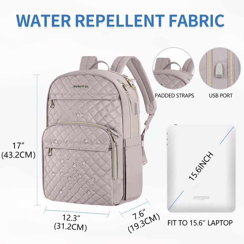 KROSER Laptop Backpack for Women 15.6 Inch Stylish Daypack with USB Charging Port, Water-repellent Nylon Backpack for Travel/Business, Dusty Pink - Image 4