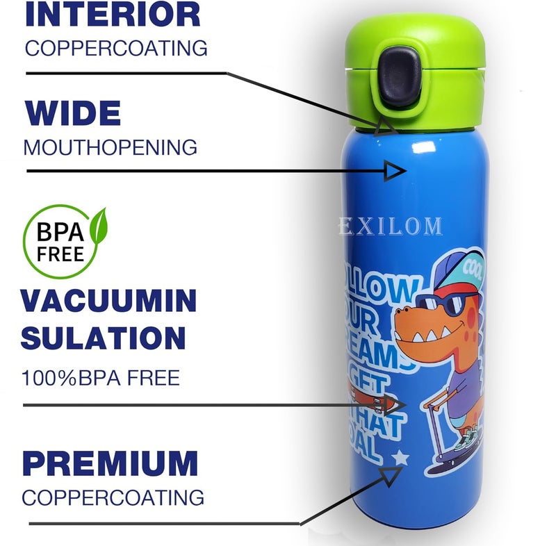 EXILOM 2 in 1 combo - thermal insulated lunch bag with leakproof stainless steel sipper bottle 700 ml for kids, Air-Tight Set for School and Outdoor Picnic, Leakage Proof water bottle and a lunch bag (Dino) - Image 2