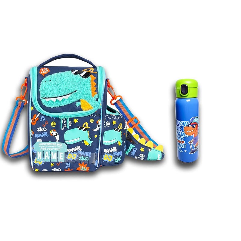 EXILOM 2 in 1 combo - thermal insulated lunch bag with leakproof stainless steel sipper bottle 700 ml for kids, Air-Tight Set for School and Outdoor Picnic, Leakage Proof water bottle and a lunch bag (Dino) - Image 1