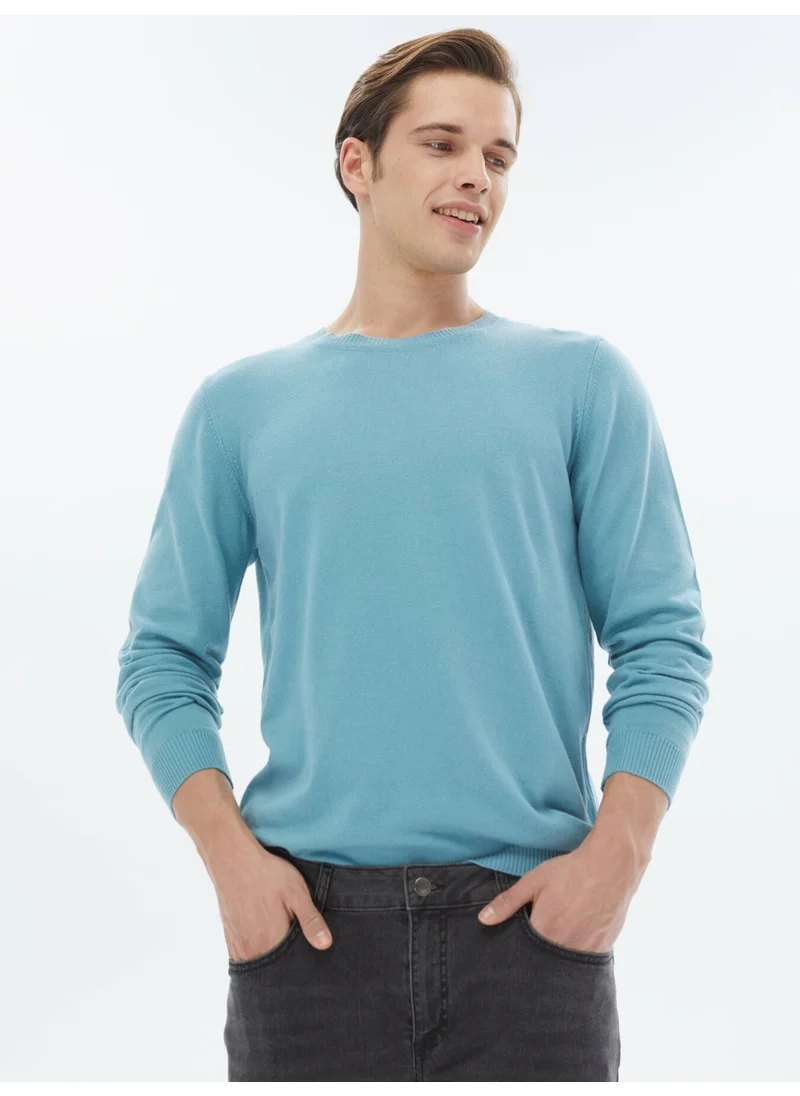 Kip Dark Mint Crew Neck Plain Knit Cotton Blend Sweater
