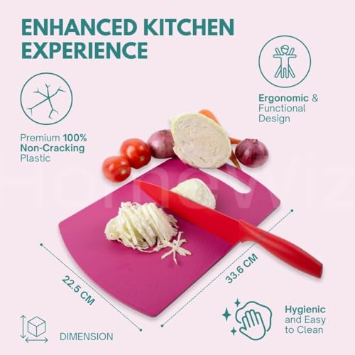 HomeWiz Plastic Cutting Chopping Board with Handle for Vegetable, Fruits, Cheese, Premium-Grade Plastic, 100% Food Safe, BPA-Free, Dishwasher Safe, Microwave Safe, Anti Bacterial Dark Pink Rectangle - Image 2