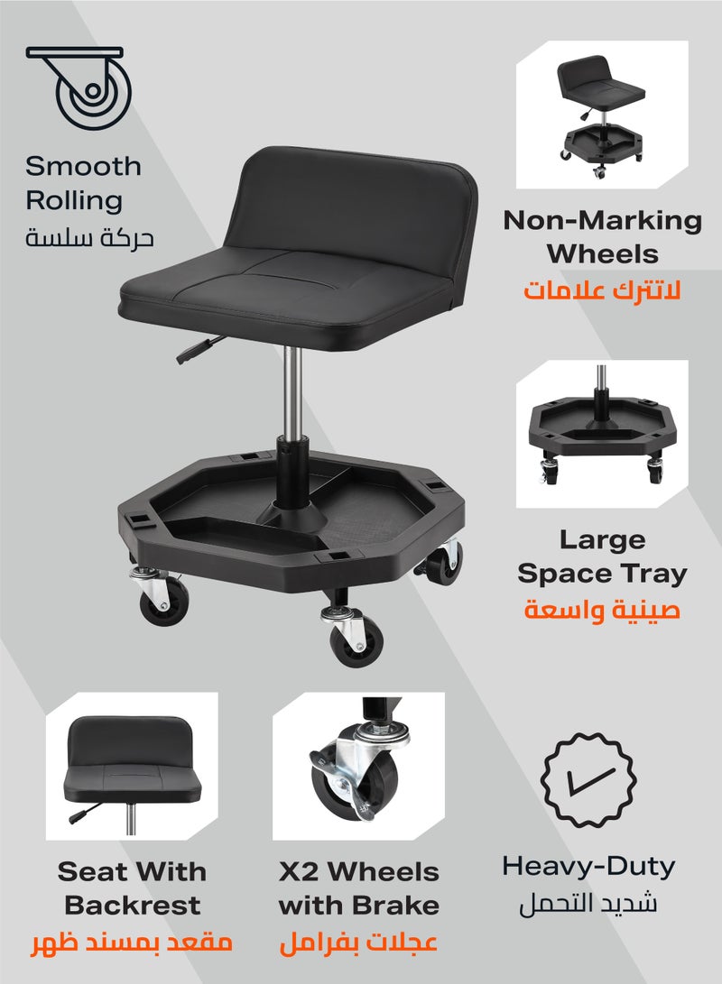 LAWAZIM Pro7 Mechanic Stool with Tool Tray Storage and Back Support - Black - Padded Rolling Creeper Shop Seat with Adjustable Height and 360° Swivel Wheels - for Garage, Workshop, Automotive Use - Image 4