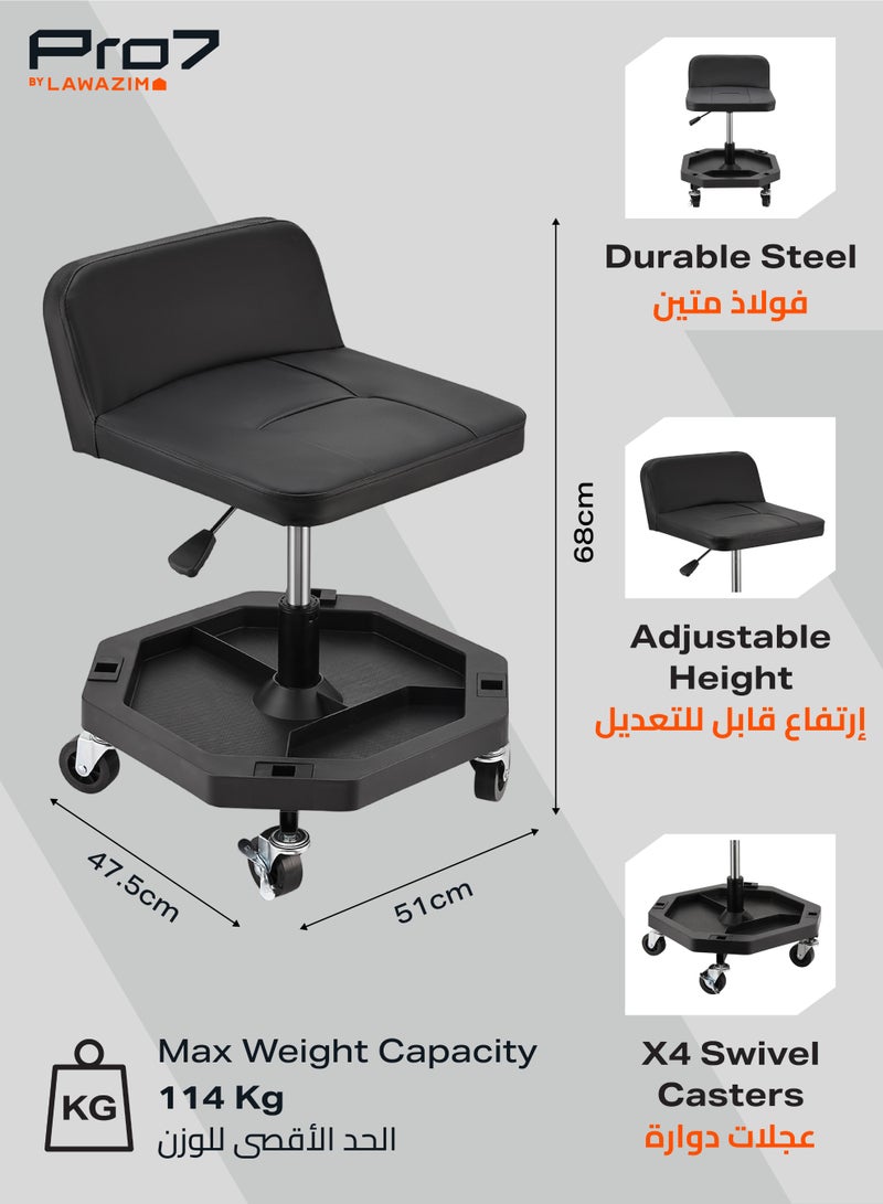 LAWAZIM Pro7 Mechanic Stool with Tool Tray Storage and Back Support - Black - Padded Rolling Creeper Shop Seat with Adjustable Height and 360° Swivel Wheels - for Garage, Workshop, Automotive Use - Image 2
