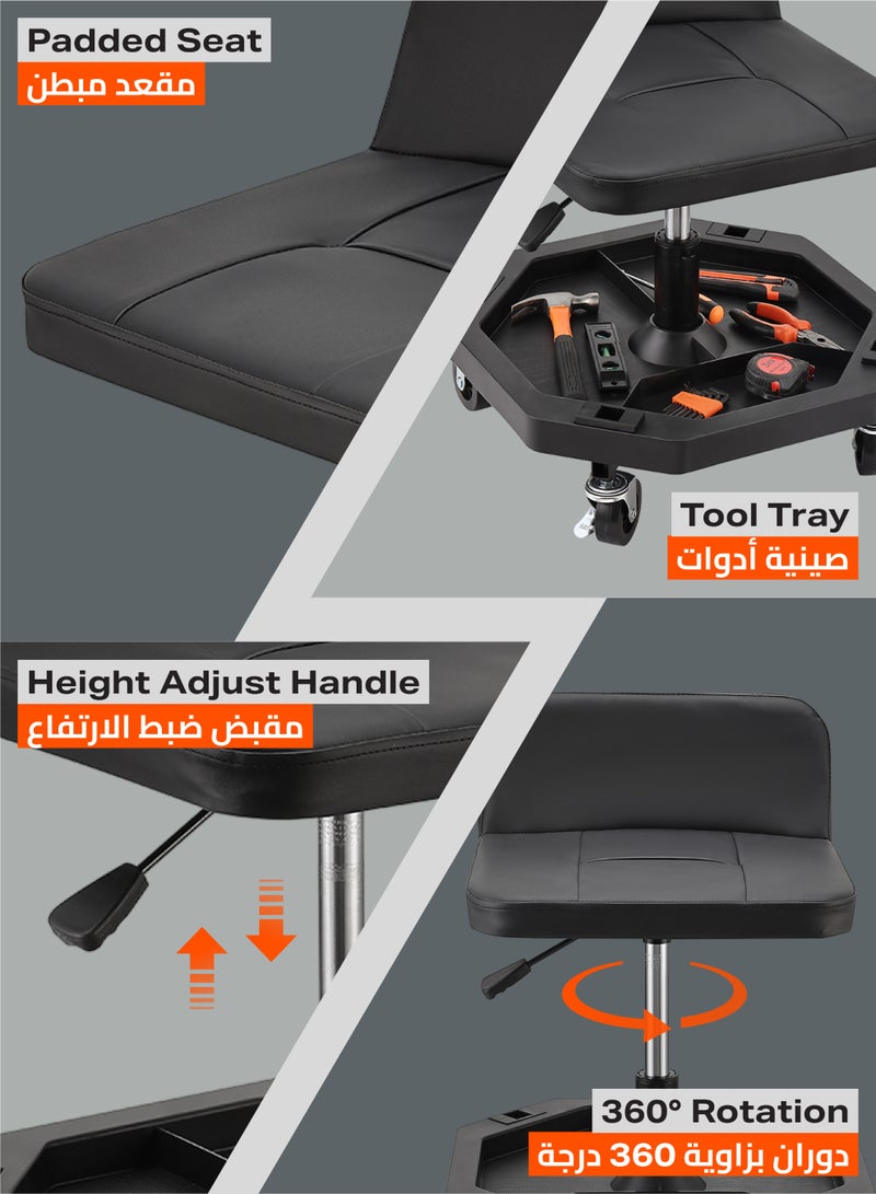 LAWAZIM Pro7 Mechanic Stool with Tool Tray Storage and Back Support - Black - Padded Rolling Creeper Shop Seat with Adjustable Height and 360° Swivel Wheels - for Garage, Workshop, Automotive Use - Image 3