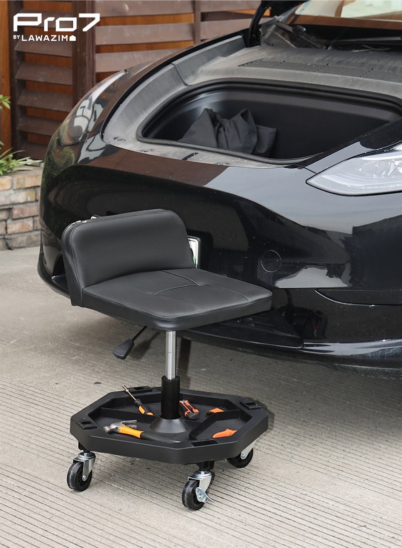 LAWAZIM Pro7 Mechanic Stool with Tool Tray Storage and Back Support - Black - Padded Rolling Creeper Shop Seat with Adjustable Height and 360° Swivel Wheels - for Garage, Workshop, Automotive Use - Image 5