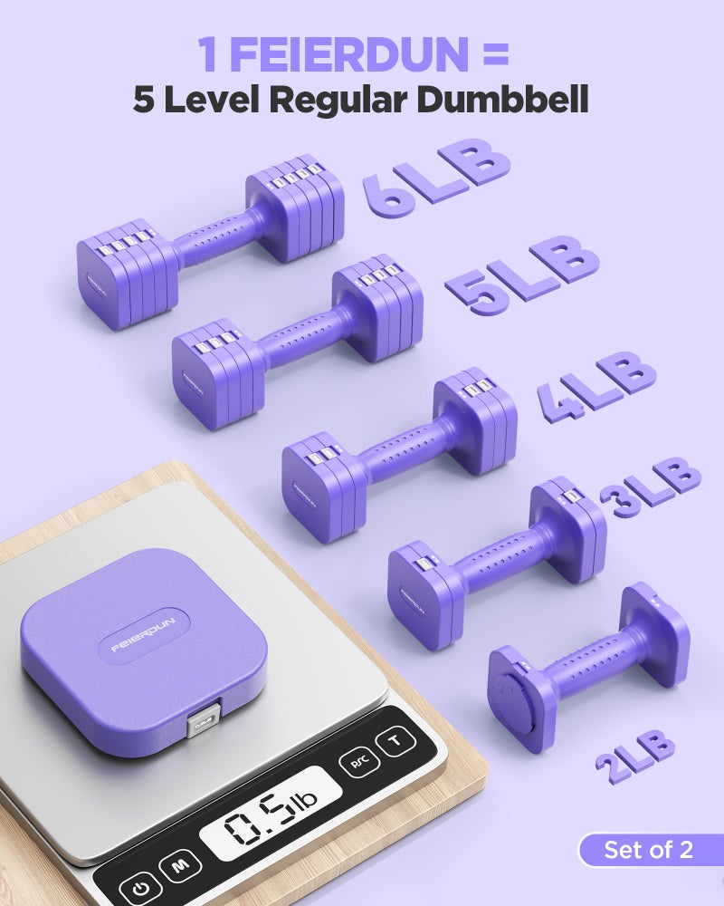 FEIERDUN 5-in-1 Adjustable Dumbbell Set of 2, 12LBS/6LBS Hand Weights for Women, 1s-Adjust Dual-Stable Dumbbell Set for Women Home Gym & Outdoor, Purple - Image 2
