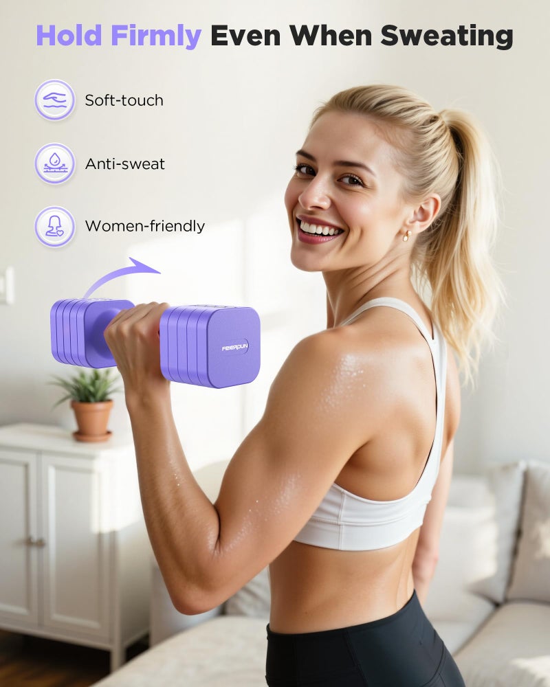 FEIERDUN 5-in-1 Adjustable Dumbbell Set of 2, 12LBS/6LBS Hand Weights for Women, 1s-Adjust Dual-Stable Dumbbell Set for Women Home Gym & Outdoor, Purple - Image 4