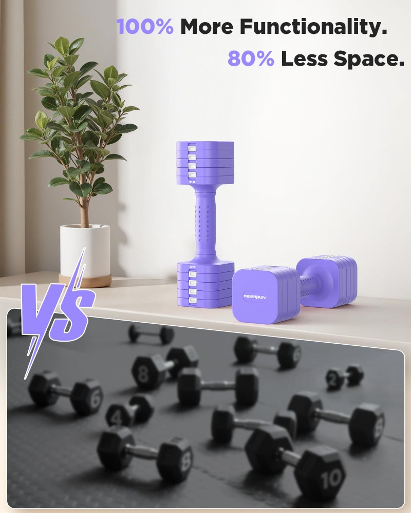 FEIERDUN 5-in-1 Adjustable Dumbbell Set of 2, 12LBS/6LBS Hand Weights for Women, 1s-Adjust Dual-Stable Dumbbell Set for Women Home Gym & Outdoor, Purple - Image 5