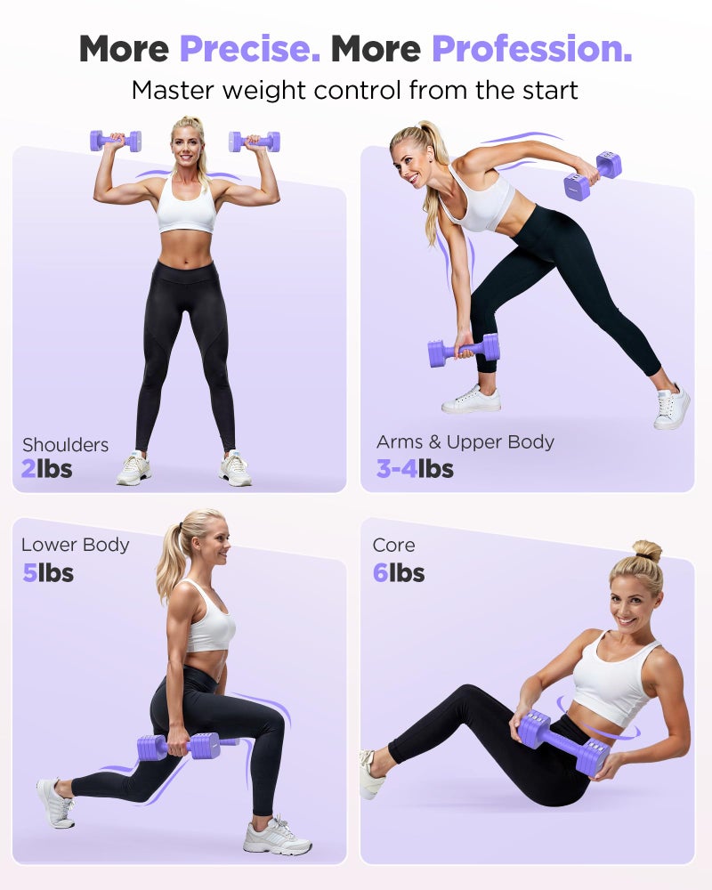 FEIERDUN 5-in-1 Adjustable Dumbbell Set of 2, 12LBS/6LBS Hand Weights for Women, 1s-Adjust Dual-Stable Dumbbell Set for Women Home Gym & Outdoor, Purple - Image 3