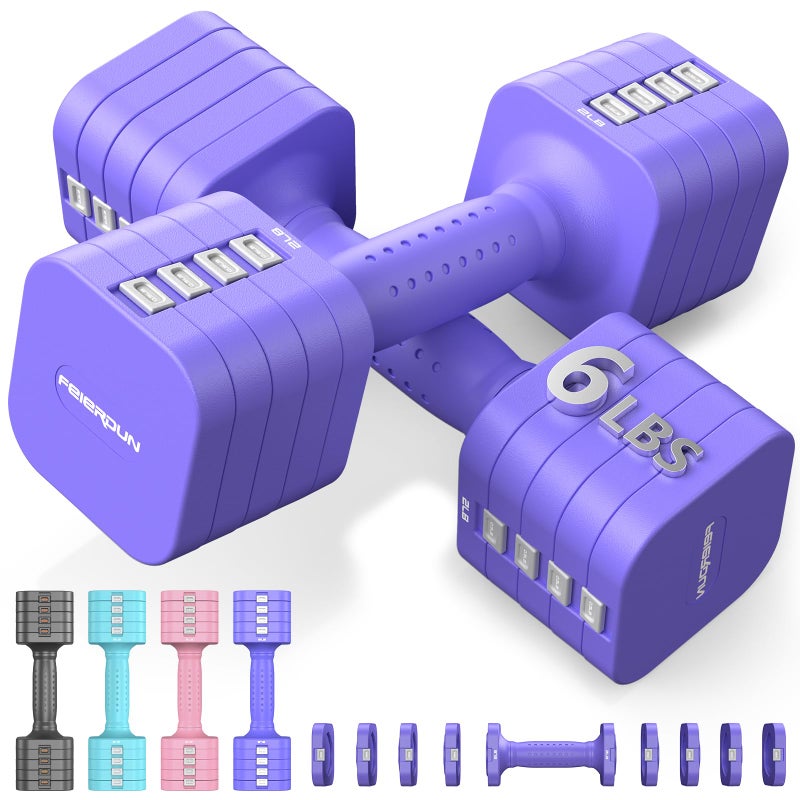 FEIERDUN 5-in-1 Adjustable Dumbbell Set of 2, 12LBS/6LBS Hand Weights for Women, 1s-Adjust Dual-Stable Dumbbell Set for Women Home Gym & Outdoor, Purple - Image 1