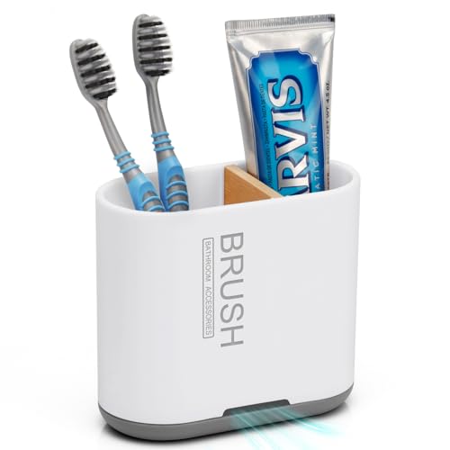 Toothbrush and Toothpaste Holder with Bamboo Divider for Bathroom Countertop Organizer Detachable for Easy Clean 2 Slots Electric Toothbrush Holders Storage Caddy Drainage for FamilyWhite