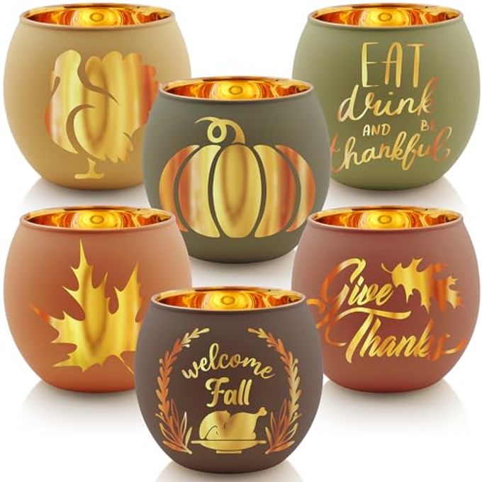 THANKSGIVING VOTIVE CANDLE HOLDER SET OF 6 GLASS VOTIVES HOLDER WITH 6 LASER ENGRAVING PATTERNS TEALIGHT HOLDERS BULK FOR FALL TABLE CENTERPIECE DECOR