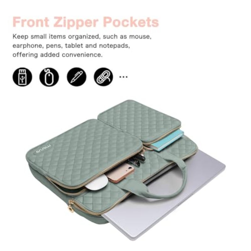360 Protective Laptop Case 13.3 inch, 13-13.3 inch Laptop Sleeve Compatible with MacBook Air/Pro 13/Pro 14, HP Dell ASUS Lenovo, Square Quilted Bag Cover with 2 PocketsandHandleandBelt, Antique Green - Image 3