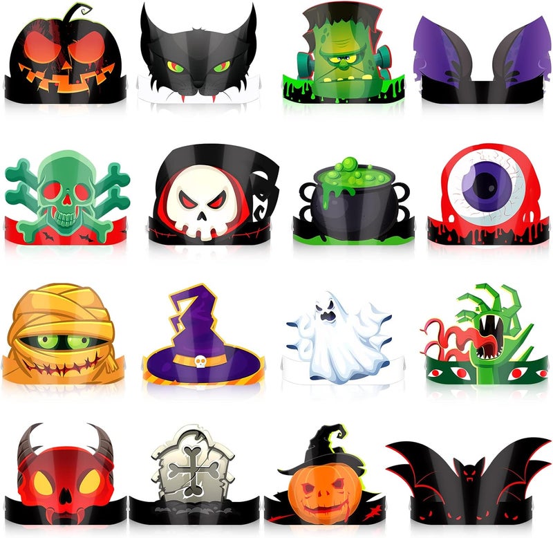Woanger 32 Pcs Halloween Party Headband with Stretchable Strings Adjustable Ghost Pumpkin Crown Headwear for Kids Paper Hats Halloween Headband Decorations Cosplay Props Party Supplies - Image 1
