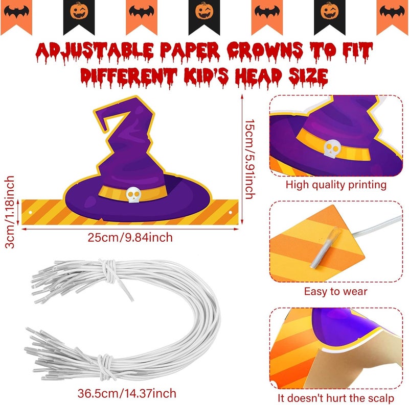 Woanger 32 Pcs Halloween Party Headband with Stretchable Strings Adjustable Ghost Pumpkin Crown Headwear for Kids Paper Hats Halloween Headband Decorations Cosplay Props Party Supplies - Image 4