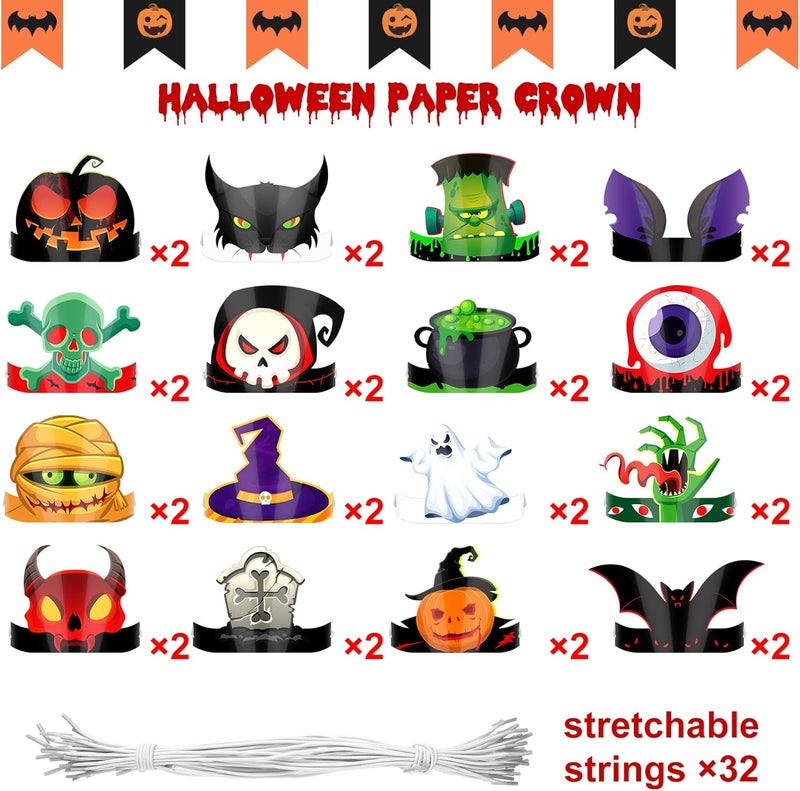 Woanger 32 Pcs Halloween Party Headband with Stretchable Strings Adjustable Ghost Pumpkin Crown Headwear for Kids Paper Hats Halloween Headband Decorations Cosplay Props Party Supplies - Image 3