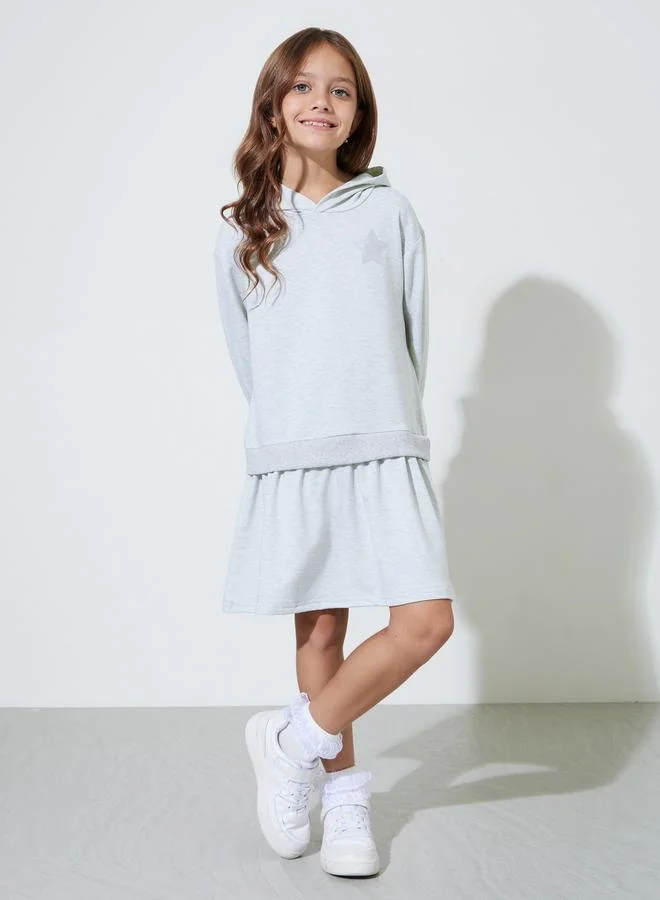 Styli Girls Grey Star Print Regular Fit Hooded Midi Dress