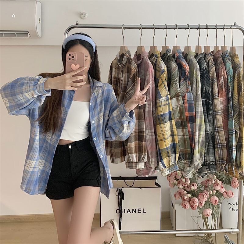 Plaid Shirt Women'S 2025 Spring & Fall New Korean Style Loose Long-Sleeved Brushed Retro Student Shirt Loose Jacket - Image 3