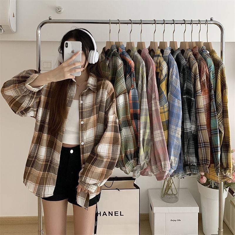 Plaid Shirt Women'S 2025 Spring & Fall New Korean Style Loose Long-Sleeved Brushed Retro Student Shirt Loose Jacket - Image 2
