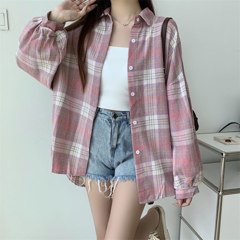 Plaid Shirt Women'S 2025 Spring & Fall New Korean Style Loose Long-Sleeved Brushed Retro Student Shirt Loose Jacket - Image 1