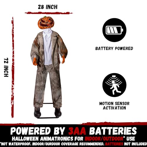 ELAMAS Halloween Animatronics Decorations 6ft Jack, Animated Lifesize Pumpkin Horror Decor with Motion Sensor, Creepy Sound, Scary Move, Light Up Eyes, Haunted House Spooky Prop for Outdoor, Yard Lawn - Image 4