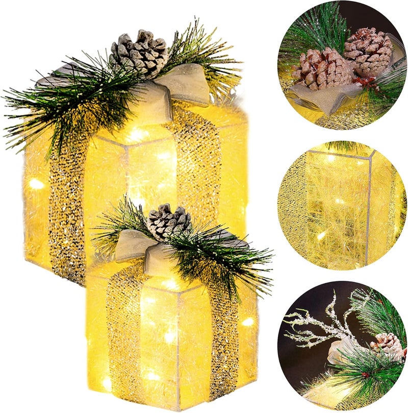 Hourleey Set of 3 Christmas Lighted Gift Boxes, Pre-lit 60 LED Light Up Present Boxes Ornament Outdoor Warm White Tinsel Boxes Decoration for Indoor Christmas Home Yard Lawn Decor - Image 4
