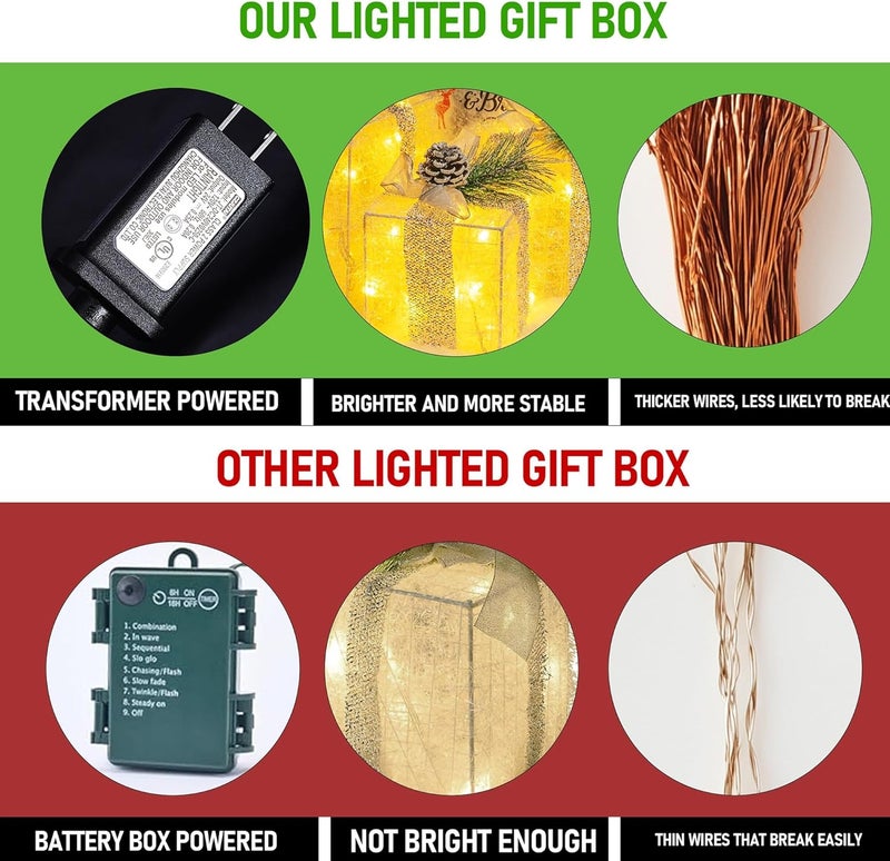 Hourleey Set of 3 Christmas Lighted Gift Boxes, Pre-lit 60 LED Light Up Present Boxes Ornament Outdoor Warm White Tinsel Boxes Decoration for Indoor Christmas Home Yard Lawn Decor - Image 3